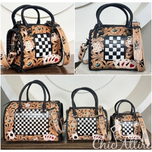Premium Quality Floral Tooled Leather Small Speedy <b>Bag</b> Lightweight <b>Black</b> & White Checkered Leather Travel Duffle <b>Bag</b> for Unisex - Product Image 1