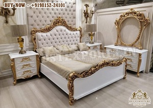 Lit Queen Size au design classique Baroque avec table de chevet, acheter un ensemble de chambre à coucher blanc et or, mobilier de chambre à coucher royal victorien New York - Product Image 6