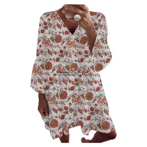 ชุดเดรสฤดูร้อน-ฤดูใบไม้ผลิ คอลเลคชั่นใหม่ปี 2026 ชุดเดรสผ้าฝ้าย ชุดเดรสแขนกระดิ่งลายพิมพ์บล็อก ชุดเดรสท็อปส์ฤดูร้อน-ฤดูใบไม้ผลิ - Product Image 3