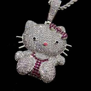 Collier pendentif chat de dessin animé entièrement serti de diamants CZ, avec breloque chaton et ours, rubis Moissanite et nœud, en argent sterling, bijoux Hip Hop - Product Image 2