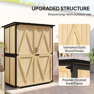 Casetta da Giardino in Legno Naturale con Tetto in Asfalto, 2 Ripiani, Porte con Serratura, Piedini Regolabili e Facile Montaggio - Product Image 4