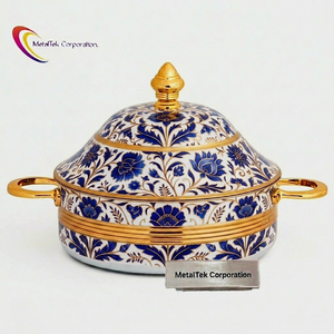 Arabic Style Ramadan Stainless Steel Food Warmer Durable Rust Proof Blue Floral Design Casserole Luxury Hot Pot Serving Dishes - Product Image 1