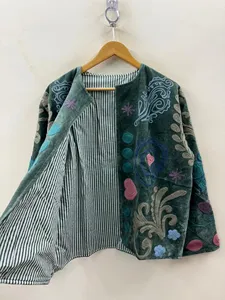 Bohemian Soft <b>Velvet</b> Suzani Embroidered <b>Jacket</b> with Floral And Heart Pattern Full Sleeve O-Neck <b>Women's</b> Winter Outerwear - Product Image 2