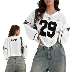 Pull en maille tendance pour femme, design personnalisé avec logo, style chemise en crochet, imprimé à rayures numérotées, coupe oversize, en jersey, vente en gros - Product Image 1