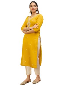 Women's Yellow Silk Viscose Kurta Embroidered Neckline Side Slit Regular Fit Ankle Length Traditional Indian Casual Wear Quick - Product Image 2