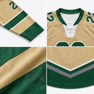 Ensemble de maillot de hockey sur glace pour homme, vert et or, imprimé par sublimation, évacuation de l'humidité, manches longues, uniforme adulte, col en V, coupe classique - Product Image 6