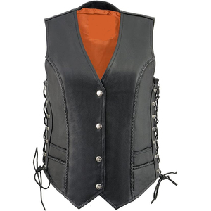 Gilet de motard en cuir tressé noir de qualité supérieure pour femme Samroz Sports avec lacets latéraux - Product Image 1