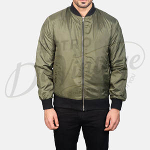Blouson bomber en satin vert olive pour homme, léger, style aviateur, avec bordure côtelée noire et fermeture éclair sur le devant, vêtement d'extérieur décontracté - Product Image 2