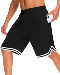 Shorts de basket-ball noirs pour hommes, 100% coton, toile unie, séchage rapide, taille à cordon de serrage, style sportif, longueur bermuda, bande latérale - Product Image 2