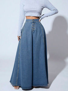 Jupe longue en jean taille haute coupe trapèze avec boutons sur le devant, coupe ample, en coton délavé, pour femme, décontractée, printemps - Product Image 1