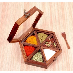 Plateau rustique en bois pour épices avec cuillère - Grande boîte à masala à 9 compartiments - Organisateur de cuisine décoratif avec couvercle en verre - Cadeau haut de gamme - Product Image 4