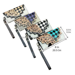 Nouveau portefeuille-bracelet en cuir de vachette artisanal, incrusté de motifs floraux à carreaux, style western, en cuir véritable, pochette pour femme - Product Image 3