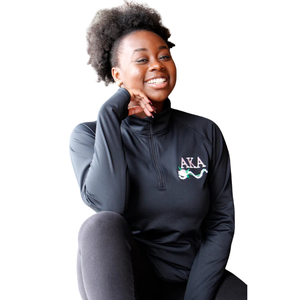 Black <b>Quarter</b> <b>Zip</b> Pullover Lightweight Performance Long Sleeve Mock Neck Jacket with Pink & Green Embroidery - Product Image 5
