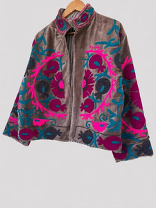 Blouson Bomber en Velours de Coton Brodé Suzani à Motifs Floraux, Réversible, Style Bohème Vintage, Taille Unique, pour Automne Hiver, Prix Usine - Product Image 3