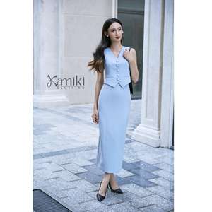 Chaleco de sarga para mujer, estilo americano, cuello en V, abotonado, teñido liso, de lana peinada, estilo oficina, KA11, de Vietnam - Product Image 1