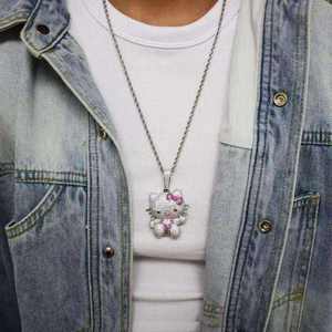 Collier pendentif chat de dessin animé entièrement serti de diamants CZ, avec breloque chaton et ours, rubis Moissanite et nœud, en argent sterling, bijoux Hip Hop - Product Image 4