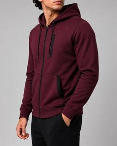 Sweat-shirt à capuche zippé pour homme, couleur unie, en molleton bouclette, coupe décontractée, manches classiques, avec bordure noire, design zippé - Product Image 1