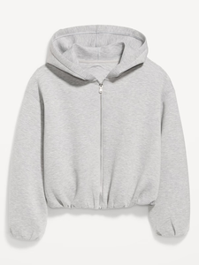 Sweat-shirt unisexe à capuche zippé, coupe courte, gris uni, décontracté, automne, en molleton bouclette, manches classiques - Product Image 1