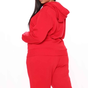 Women Plus Size Red Hooded Tracksuit Set Solid Color Cotton Casual Sweatshirt Pants Full Sleeve Loose Fit Autumn Wear - Product Image 2