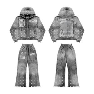 Survêtement zippé pour homme le plus vendu, en coton 100% French Terry, délavé à l'acide, orné de strass, effet vieilli, avec pantalon de survêtement ample - Product Image 1