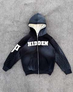 High Quality Custom Logo Screen Print Acid Wash Raw Hem Hooded Streetwear Cropped Cut Edge Men Zipper Hoodie - Product Image 2