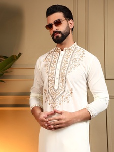 <b>Men</b> White Embroidered <b>Kurta</b> <b>Pajama</b> Set Regular Fit Traditional Indian Pakistani Wedding Wear Knee-Length - Product Image 5