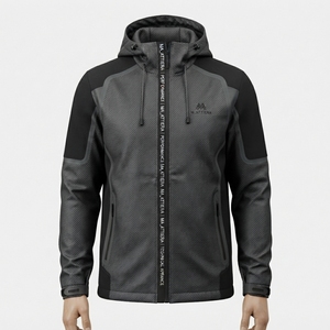 Veste coupe-vent softshell à capuche pour homme, noire et grise, entièrement zippée, pour sports de plein air, avec poches zippées - Product Image 1
