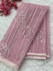 <b>Women</b> Pink Sequin Pearls and Embroidered <b>Saree</b> with Blouse Party Wear Floor Length Elegant Sari Wedding Wear Collections Sari - Product Image 3