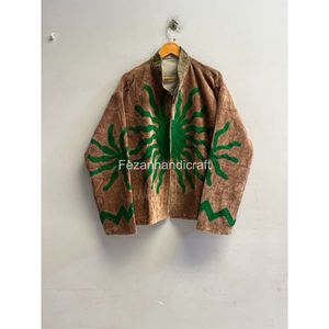 Geometric Pattern Cotton Floral Embroidered <b>Mandarin</b> <b>Collar</b> <b>Jacket</b> Full Sleeve Women's Autumn Wear - Product Image 1