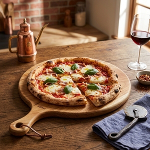 Planche à pizza ronde en bois de teck naturel, planche à découper, plateau de service pour charcuterie, avec poignée en cuir et trou de suspension - Product Image 3