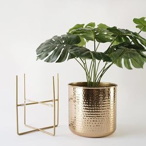 Pot de fleurs en métal martelé finition or avec élégant support en fer doré pour la décoration intérieure et extérieure de la maison et du jardin, pot moderne - Product Image 5
