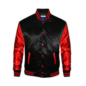 Chaqueta Varsity de Satén Rojo de Poliéster de la Más Alta Calidad, Diseño en Blanco, Manga Larga, Logotipo Personalizado, Cuello Alto, Personalizable en la Parte Delantera - Product Image 1