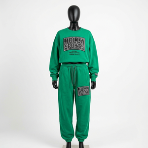 Premium 320 GSM Cotton Fleece T Shirt Jogger Pants Set Green Streetwear Rubber <b>Patch</b> Heat Transfer Logo Women's Sets - Product Image 5