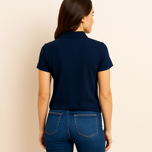 T-shirt polo en coton et bambou uni pour femme avec pantalon bleu classique – Vêtement d'été à séchage rapide fabriqué au Pakistan - Product Image 5