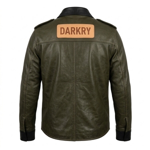 Chaqueta de Cuero Genuino Verde Oliva para Hombre, Personalizada, al por Mayor, OEM, ODM, con Cuello Negro, Suministro Directo de Fábrica, Bolsillo con Parche - Product Image 2