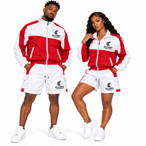 Ensemble de survêtement unisexe rouge et blanc, veste zippée à manches longues et short respirant, idéal pour le printemps - Product Image 4