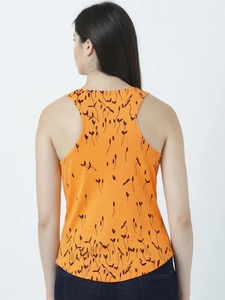 Débardeur orange imprimé pour femme, col rond, décontracté, respirant, tricoté, sans manches - Product Image 3