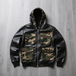 Sweat à capuche zippé surdimensionné en cuir personnalisé 2026, 100 % cuir de vachette véritable, motif camouflage, pour homme, avec plusieurs poches - Product Image 1