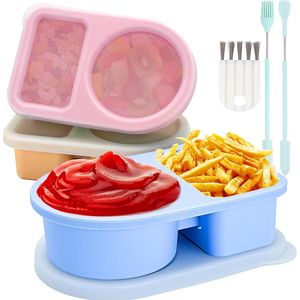 Confezione da 3 contenitori per snack in silicone riutilizzabili, piccoli contenitori per il pranzo a 2 scomparti, a tenuta stagna, con coperchi semitrasparenti, per conservare condimenti SA - Product Image 1