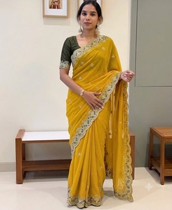 Sari de Seda Georgette Amarillo Puro, Estilo Tradicional para Bodas y Fiestas, con Bordado de Lentejuelas y Zari, Incluye Blusa - Product Image 1