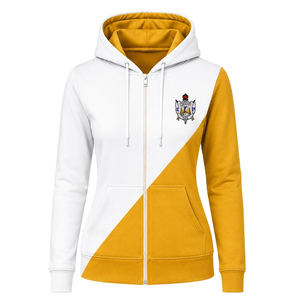 Sweat-shirt à capuche zippé intégral pour femme, personnalisé, blanc et or, à deux empiècements, color block, manches longues, style universitaire décontracté - Product Image 1