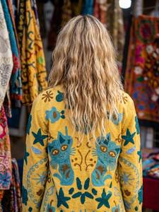 เสื้อแจ็คเก็ตกำมะหยี่สีเหลืองสำหรับฤดูหนาว ระบายอากาศได้ดี ปักลายดอกไม้ด้วยมือ คอจีน แขนยาว ซับในผ้าฝ้าย เหมาะสำหรับวันหยุดฤดูร้อน - Product Image 3