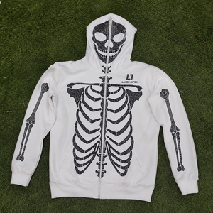 Men’s White Skeleton Rhinestone Hoodie with Full Zip Balaclava Mask, Crystal Skull Bone Design, <b>Gothic</b> Hip Hop Streetwear <b>Jacket</b> - Product Image 6