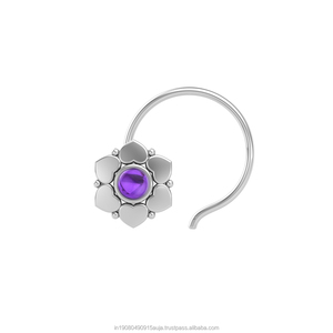 Pendiente de Nariz con Amatista Redonda en Plata de Ley 925, Estilo Indio, para Mujeres y Niñas - Product Image 1