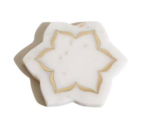 Handmade White <b>Marble</b> <b>Coaster</b> Set with Gold Inlay Floral Design, Natural Stone Drink <b>Coasters</b> - Product Image 1