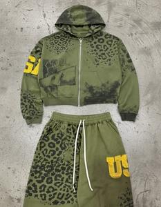 Custom Embroidery Print Sweatpants and Hoodie Set Y2K 2 Pieces Set Custom <b>Enzyme</b> Washed Oversized Cropped Zip up Hoodie Sets - Product Image 3