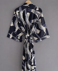 <b>Three</b> Quarter Sleeve Loose Fit Wrap Front Belted Maxi Dress Woven Cotton Japanese Style Animal Print Women's Kimono Robe - Product Image 3