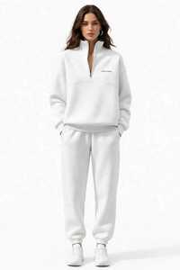 Sudadera Blanca de Felpa Francesa con Media Cremallera, Cuello Alto, Logotipo Frontal, Estilo Casual, Unisex, Otoño, Impresión Digital - Product Image 1