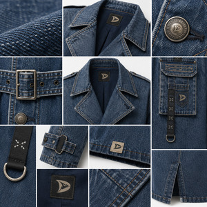 Abrigo de mezclilla con cinturón y bolsillos cargo, doble botonadura, personalizado para mujer, gabardina azul desgastado, premium, de manga larga, cortavientos, utilitario. - Product Image 4