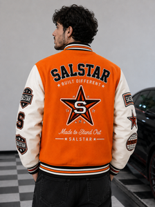 เสื้อแจ็คเก็ตเบสบอลแบบ Varsity Letterman สีส้มขาวสำหรับผู้ชาย พร้อมป้ายปักแบบ OEM ODM - Product Image 4